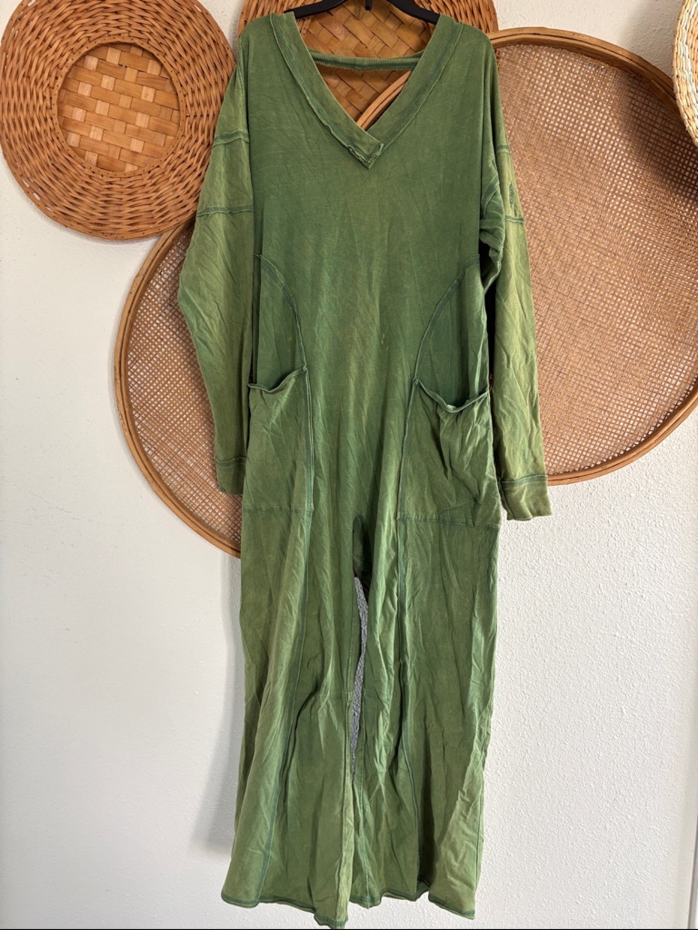 Free People Olive Green V-Neck OPEN BACK ONE PIECE jumper jumpsuit MED